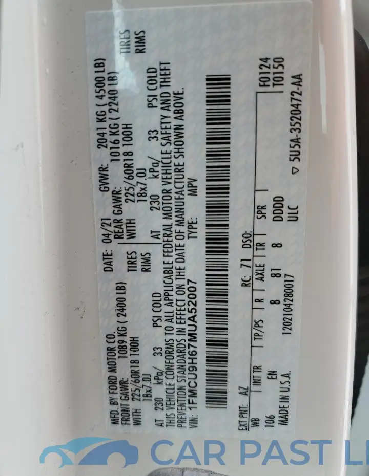 1FMCU9H67MUA52007# 13