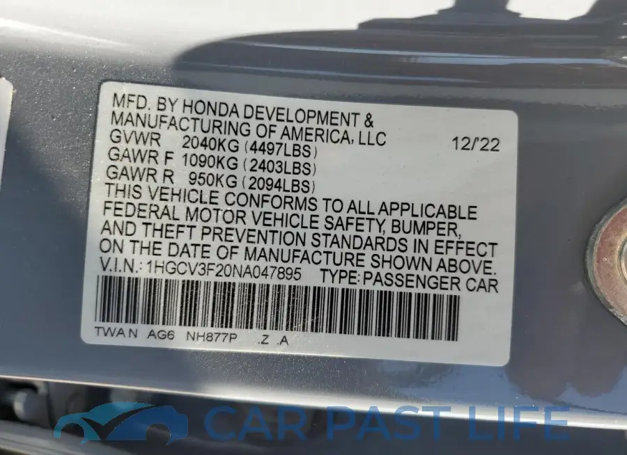 1HGCV3F20NA047895# 12