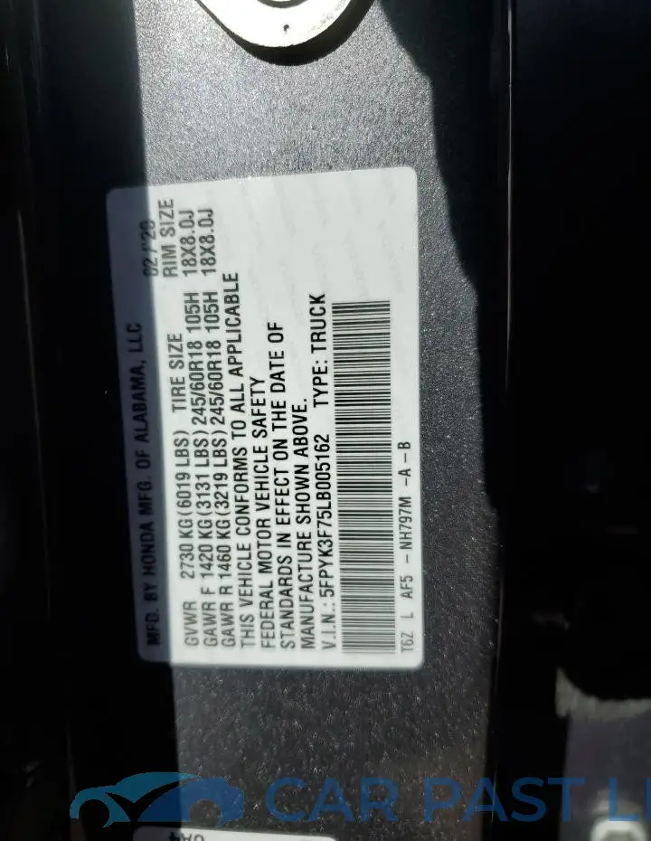 5FPYK3F75LB005162# 12