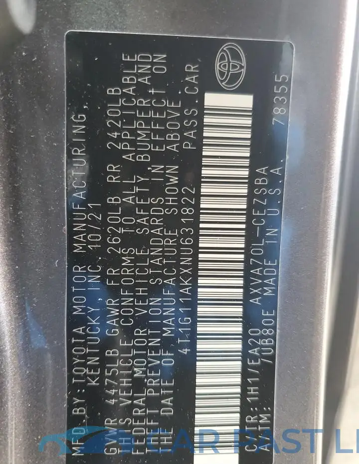4T1G11AKXNU631822# 13
