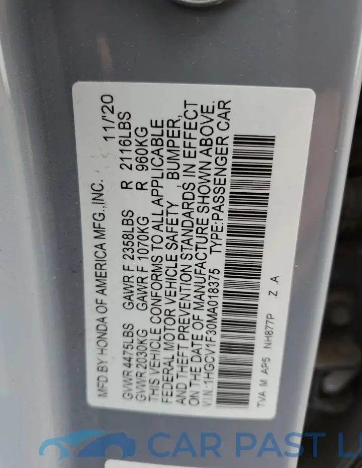 1HGCV1F30MA018375# 12