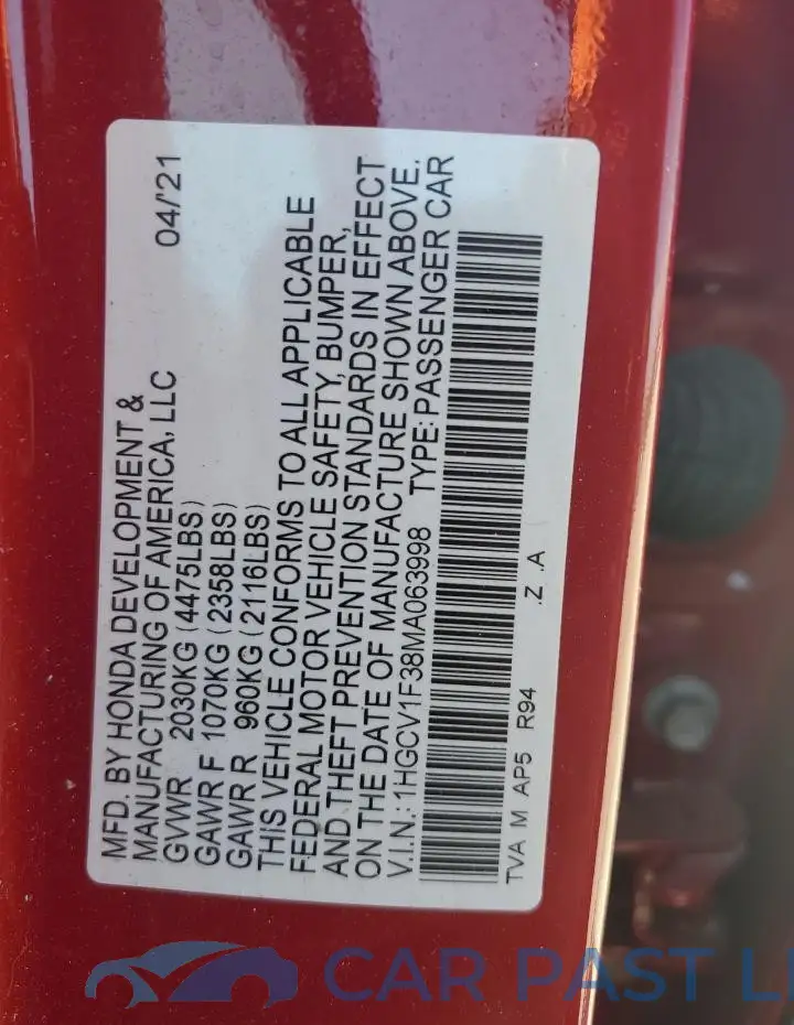 1HGCV1F38MA063998# 12