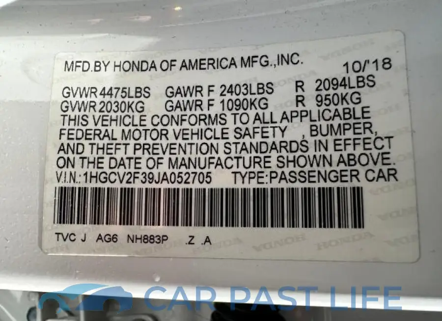 1HGCV2F39JA052705# 10