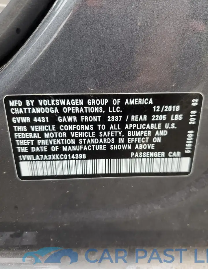 1VWLA7A3XKC014398# 12
