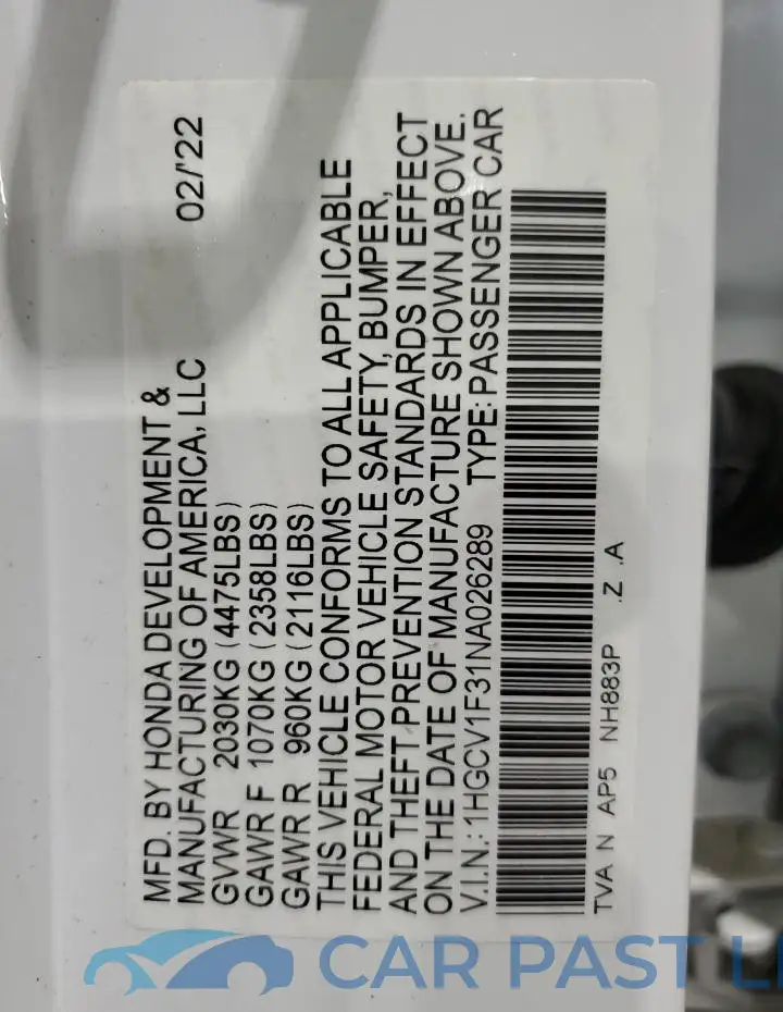 1HGCV1F31NA026289# 12