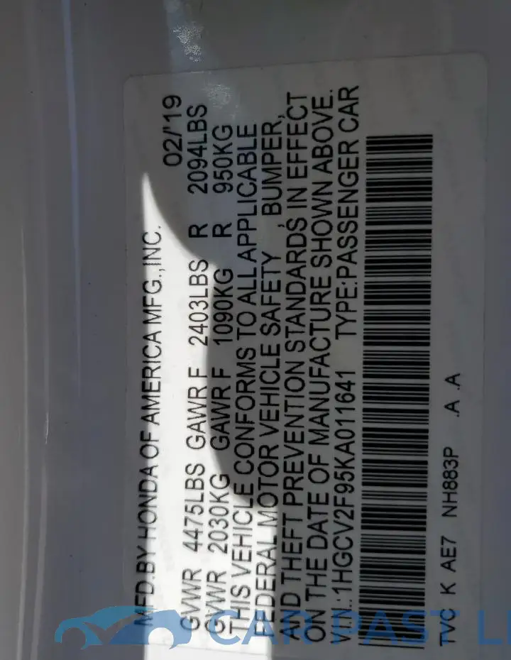 1HGCV2F95KA011641# 12