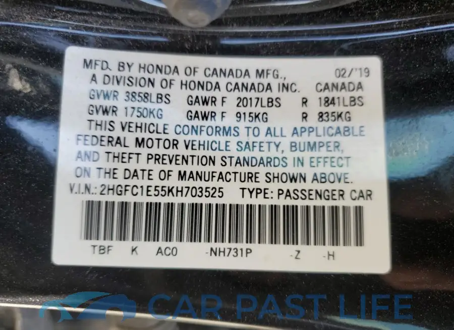 2HGFC1E55KH703525# 12