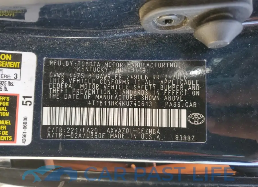 4T1B11HK4KU740613# 12