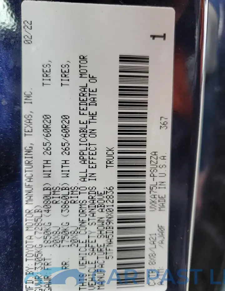 5TFNA5DB9NX012836# 12