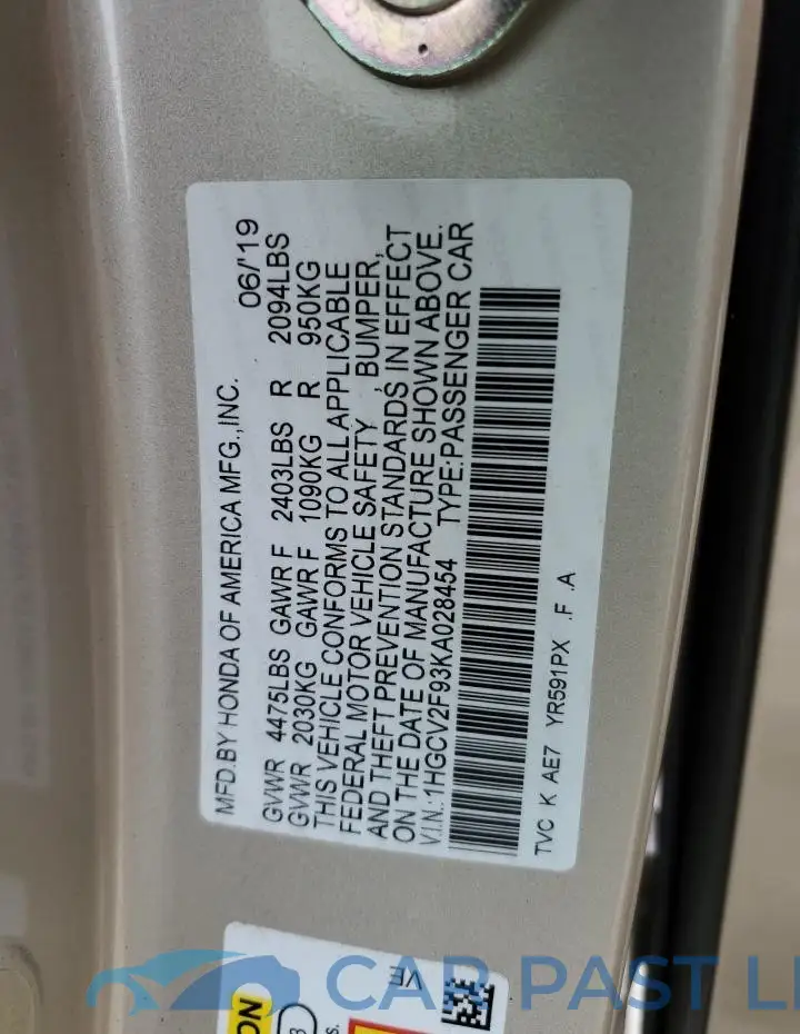 1HGCV2F93KA028454# 12
