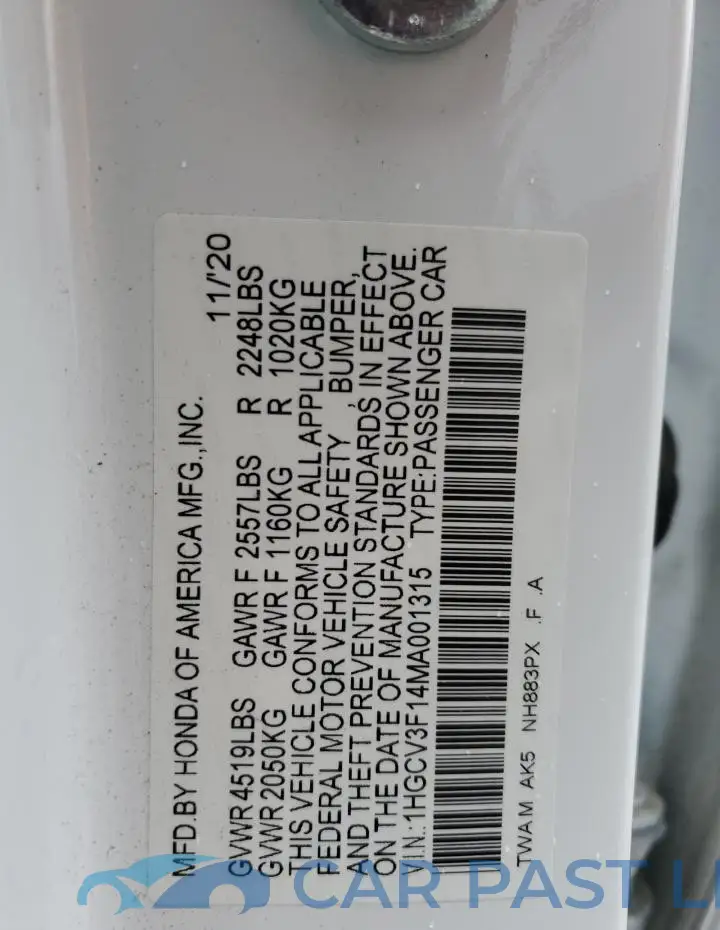 1HGCV3F14MA001315# 12
