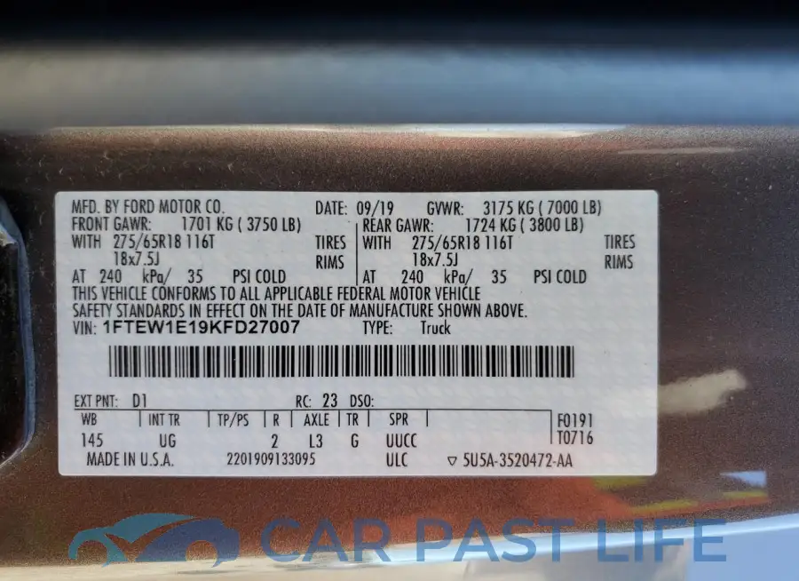 1FTEW1E19KFD27007# 12