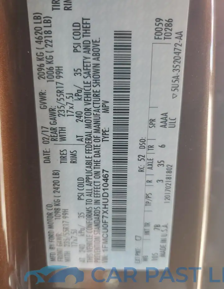1FMCU0F7XHUD10467# 12
