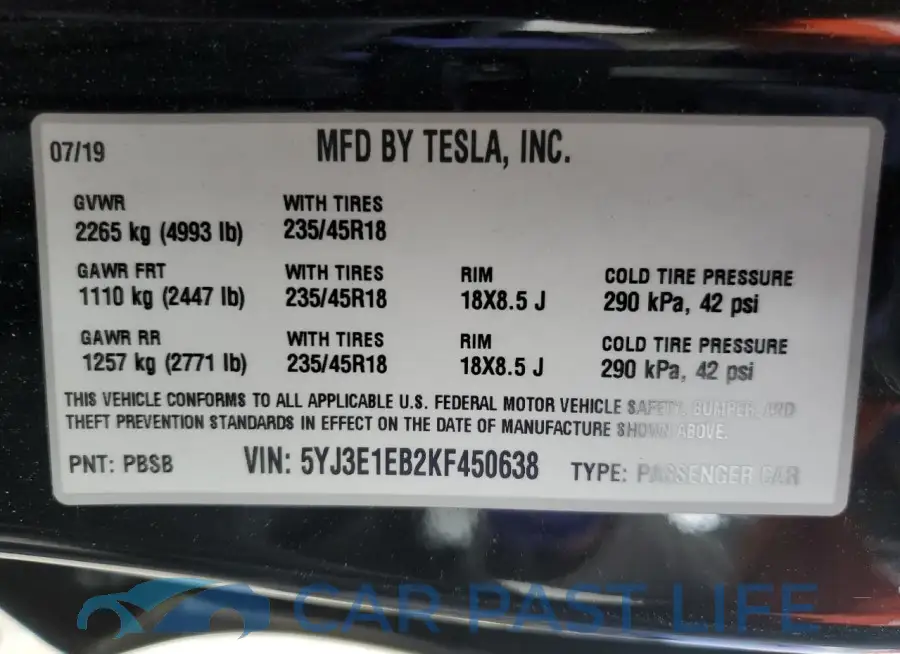 5YJ3E1EB2KF450638# 12