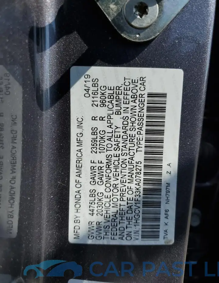 1HGCV1F33KA078275# 13