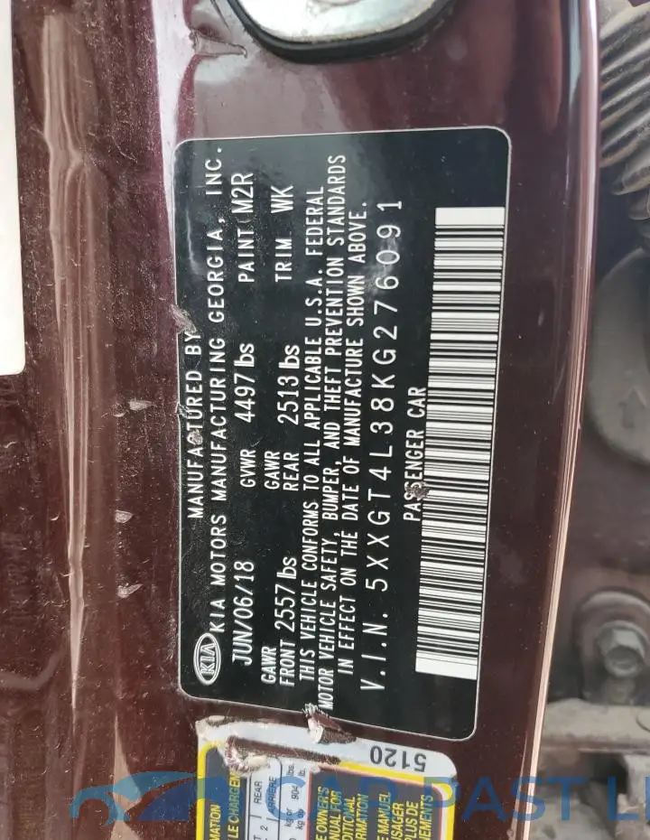 5XXGT4L38KG276091# 12