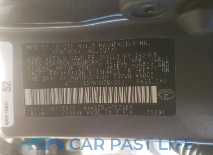 4T1T11AK6NU704862# 12