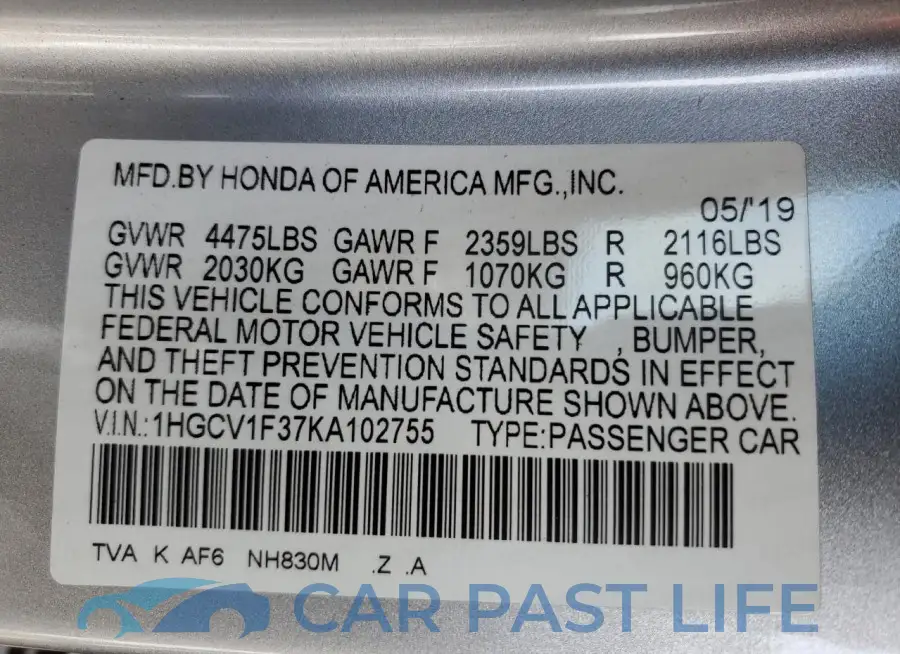 1HGCV1F37KA102755# 12