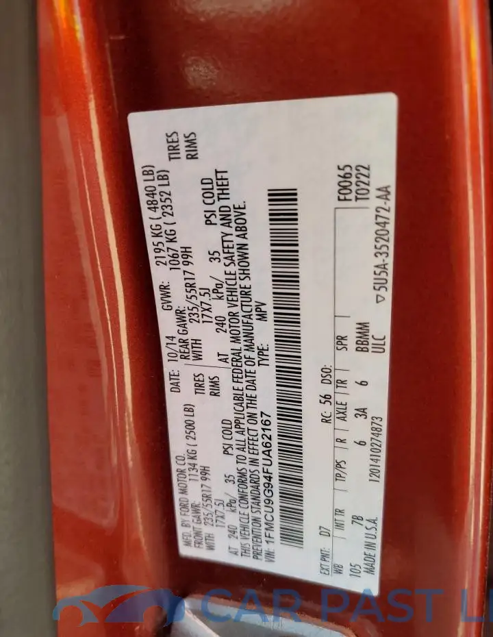 1FMCU9G94FUA62167# 12