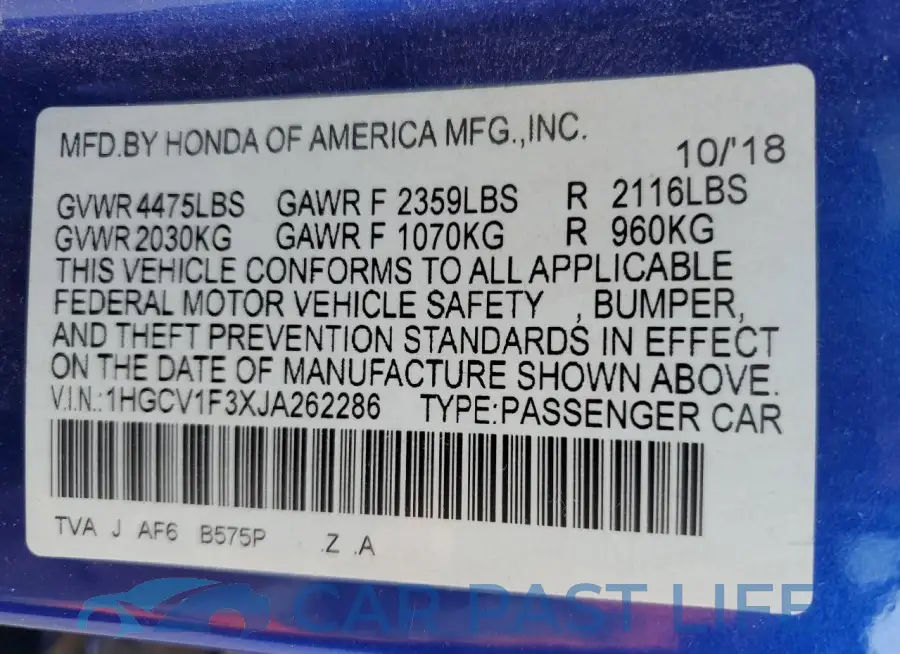 1HGCV1F3XJA262286# 13