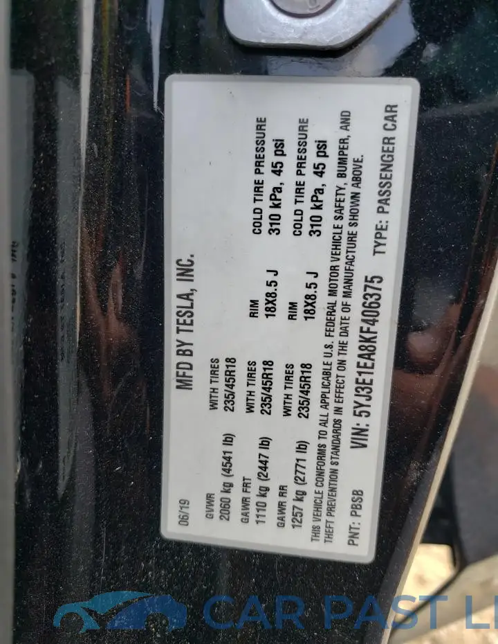 5YJ3E1EA8KF406375# 12