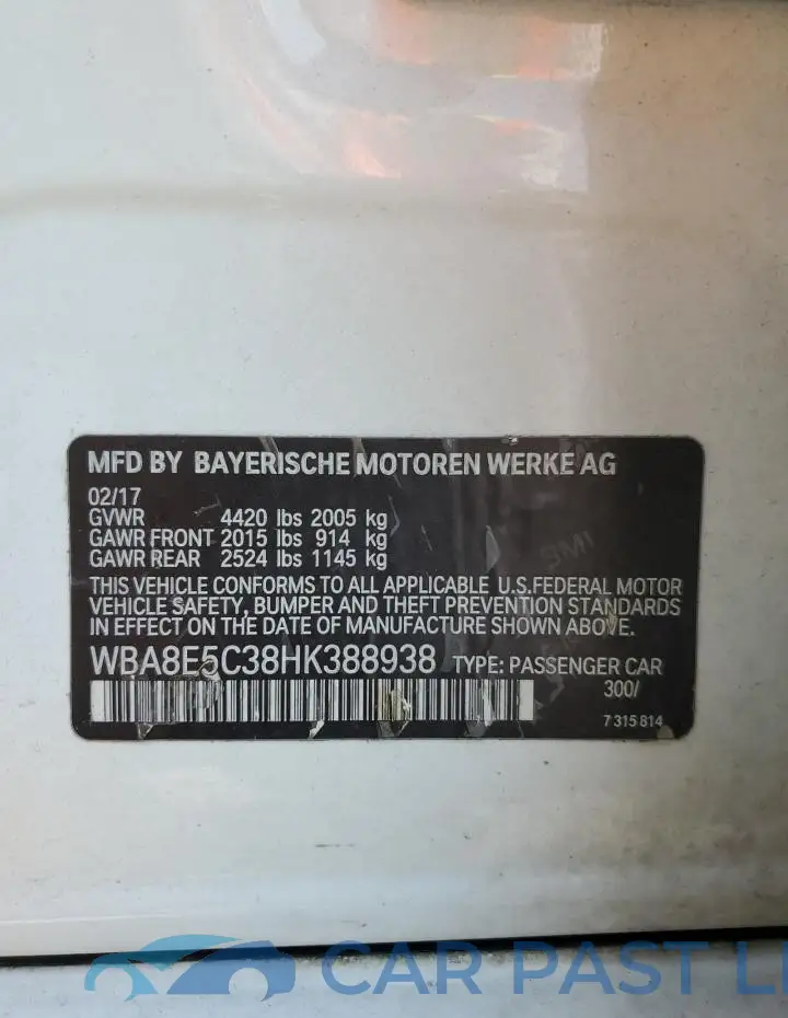 WBA8E5C38HK388938# 12