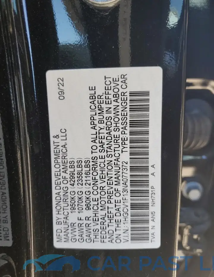 1HGCV1F13NA077372# 13