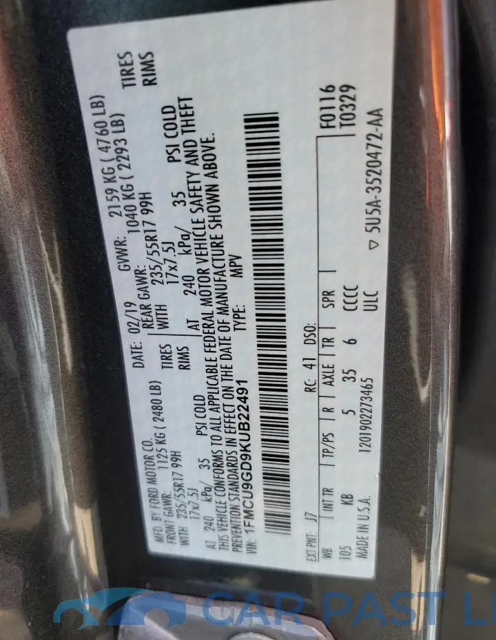 1FMCU9GD9KUB22491# 12