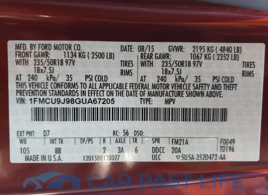 1FMCU9J98GUA67205# 13