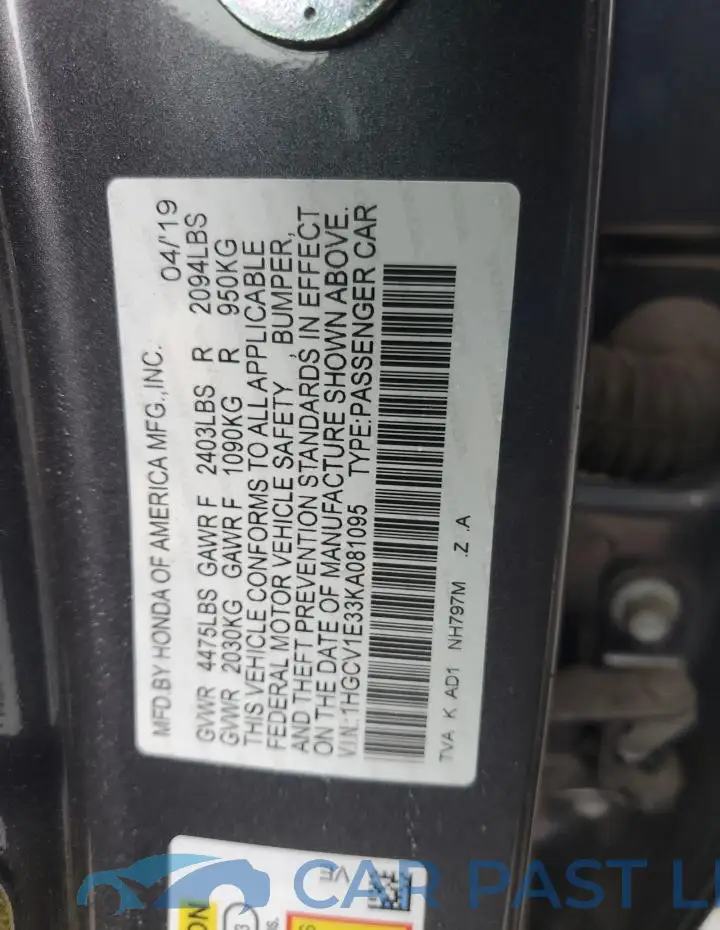 1HGCV1E33KA081095# 12
