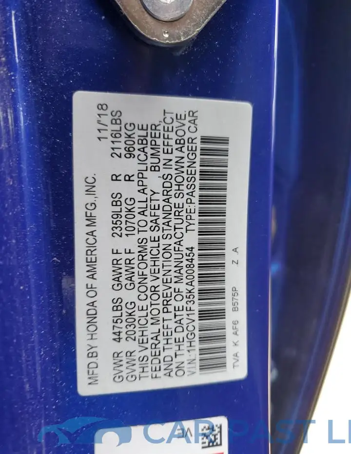 1HGCV1F35KA008454# 12