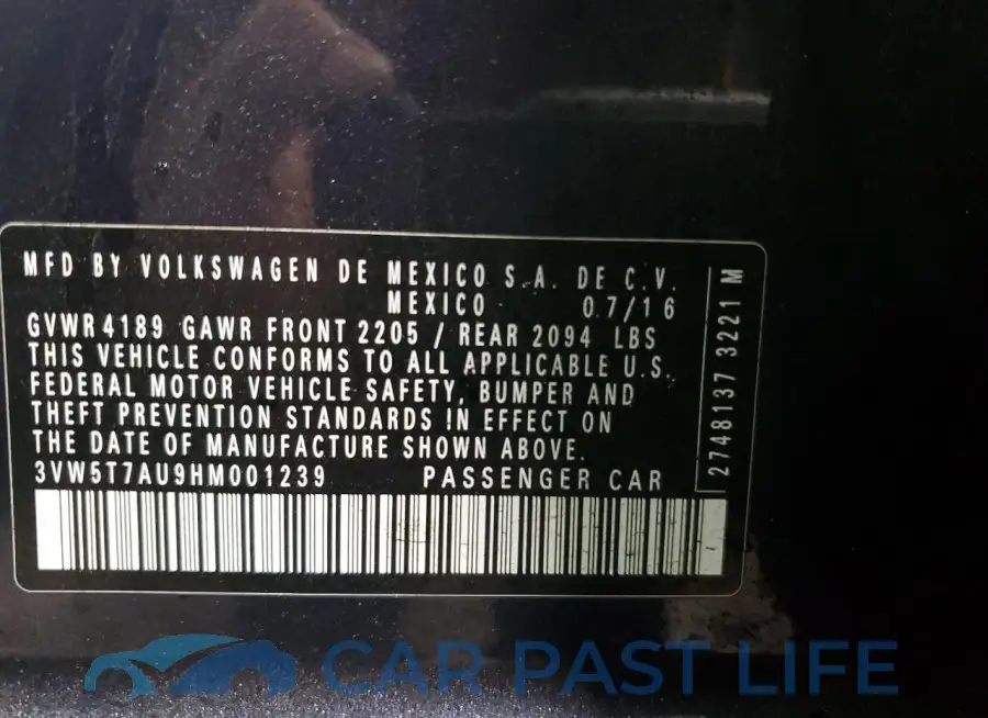 3VW5T7AU9HM001239# 12