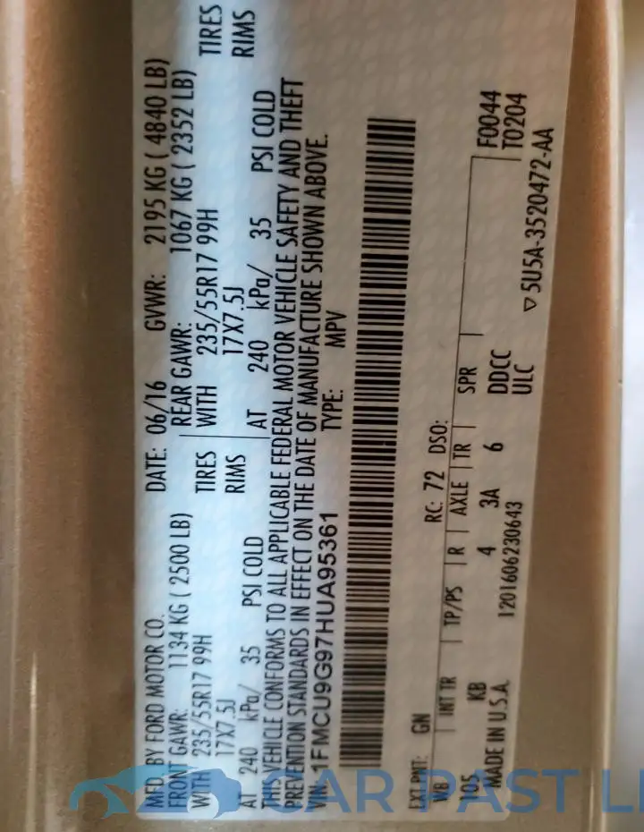 1FMCU9G97HUA95361# 13