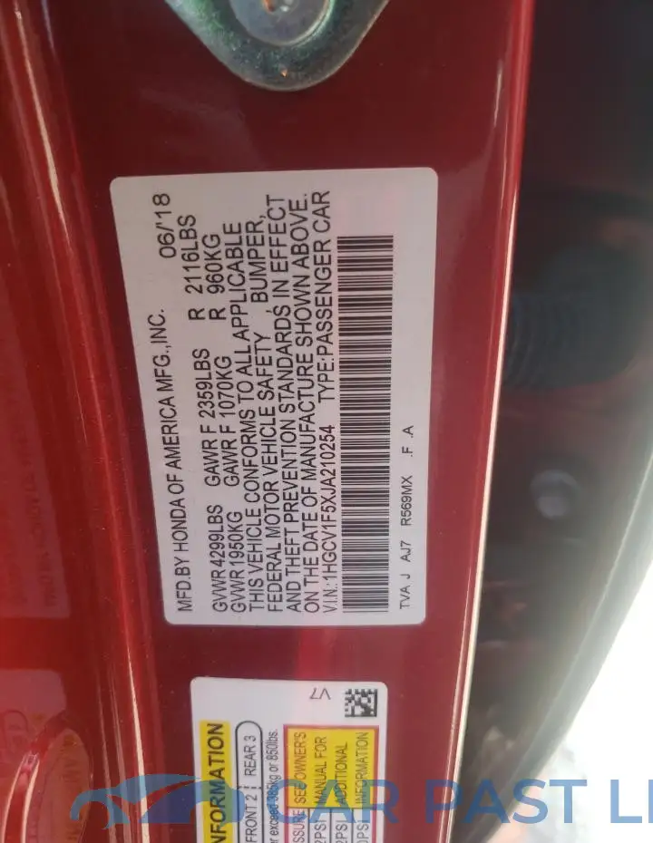 1HGCV1F5XJA210254# 12