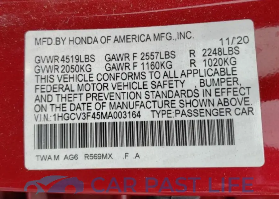 1HGCV3F45MA003164# 12