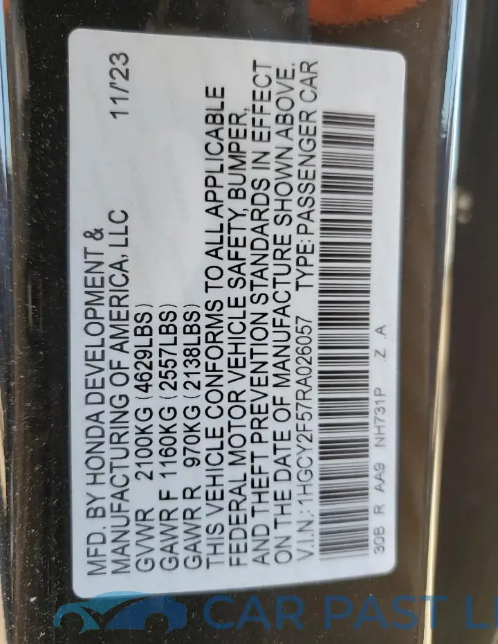 1HGCY2F57RA026057# 12