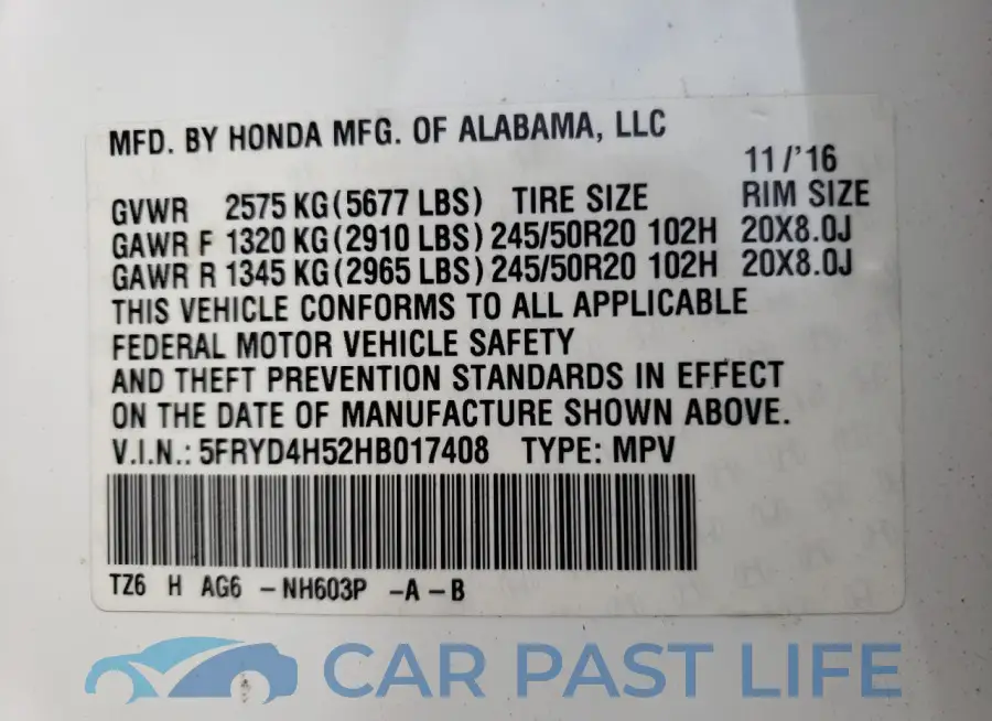 5FRYD4H52HB017408# 13