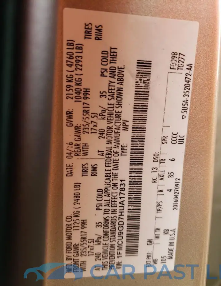 1FMCU9GD7HUA17831# 13