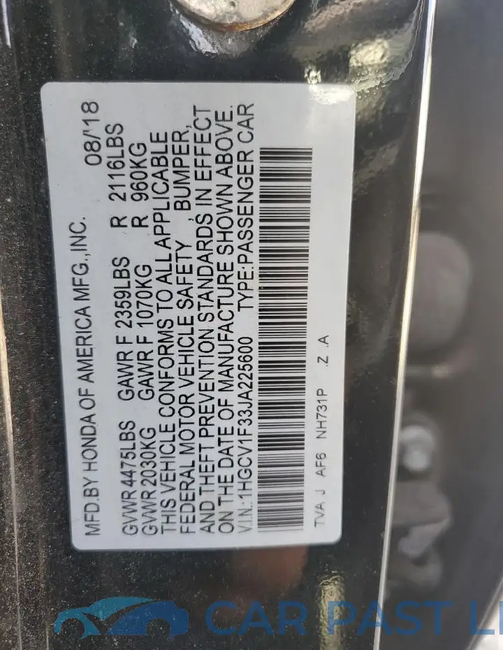 1HGCV1F33JA225600# 12