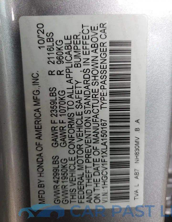 1HGCV1F1XLA150167# 12