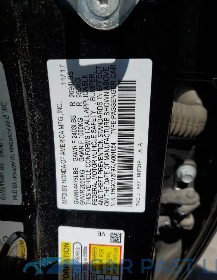 1HGCV2F97JA001854# 12