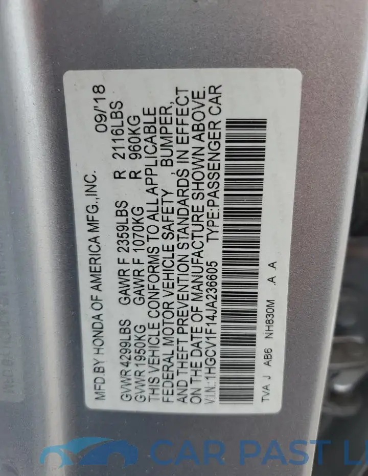 1HGCV1F14JA236605# 12