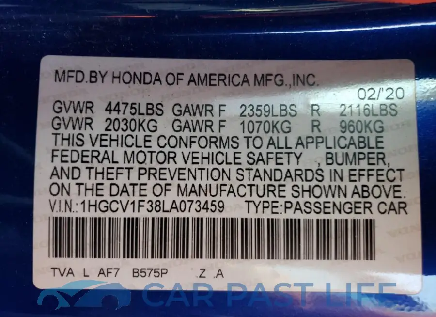 1HGCV1F38LA073459# 12