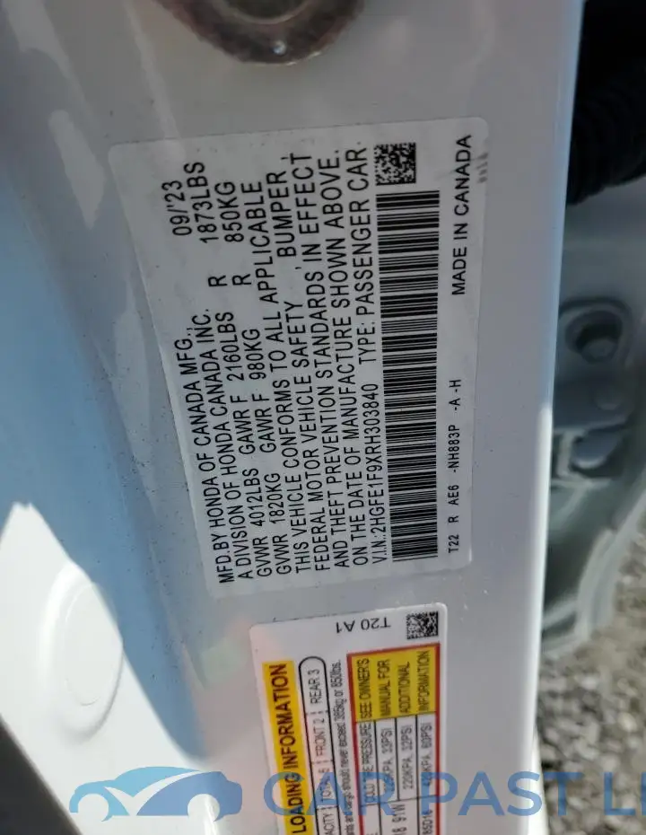 2HGFE1F9XRH303840# 12
