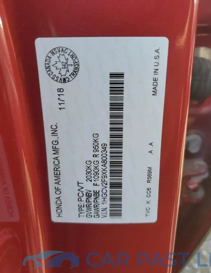 1HGCV2F9XKA800349# 12