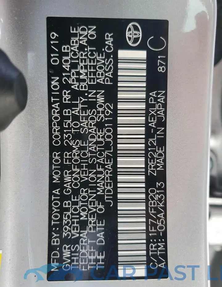 JTDEPRAE7LJ001192# 12