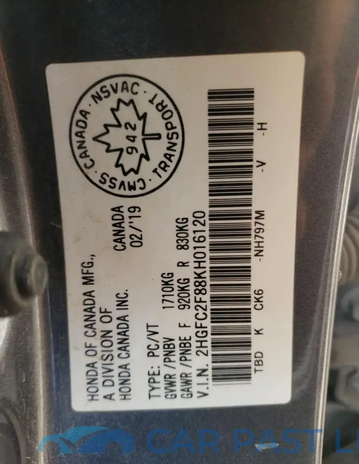 2HGFC2F88KH016120# 13