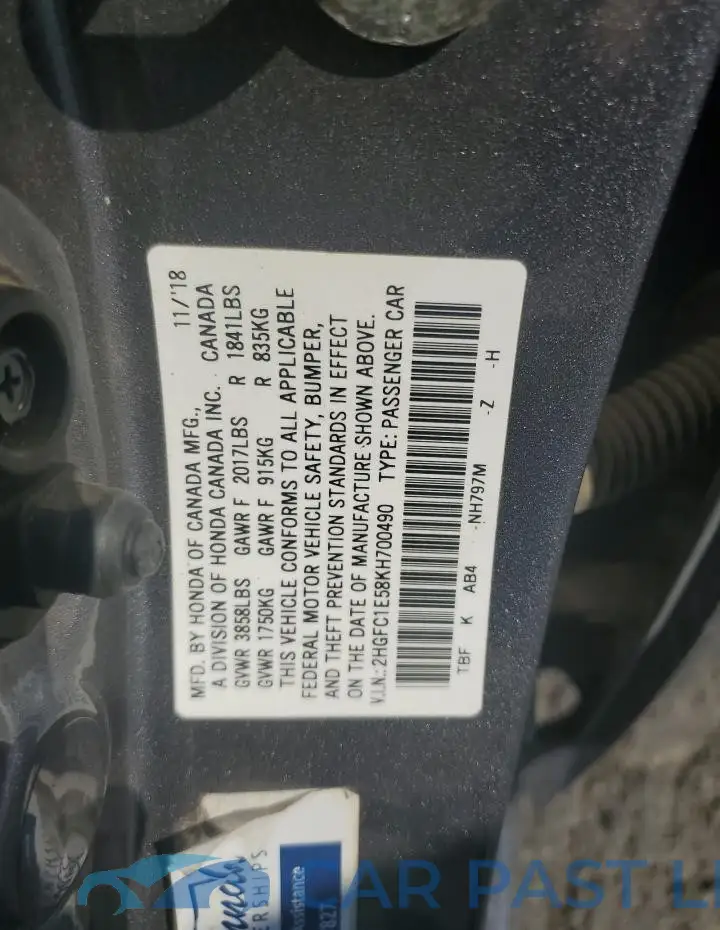 2HGFC1E58KH700490# 12