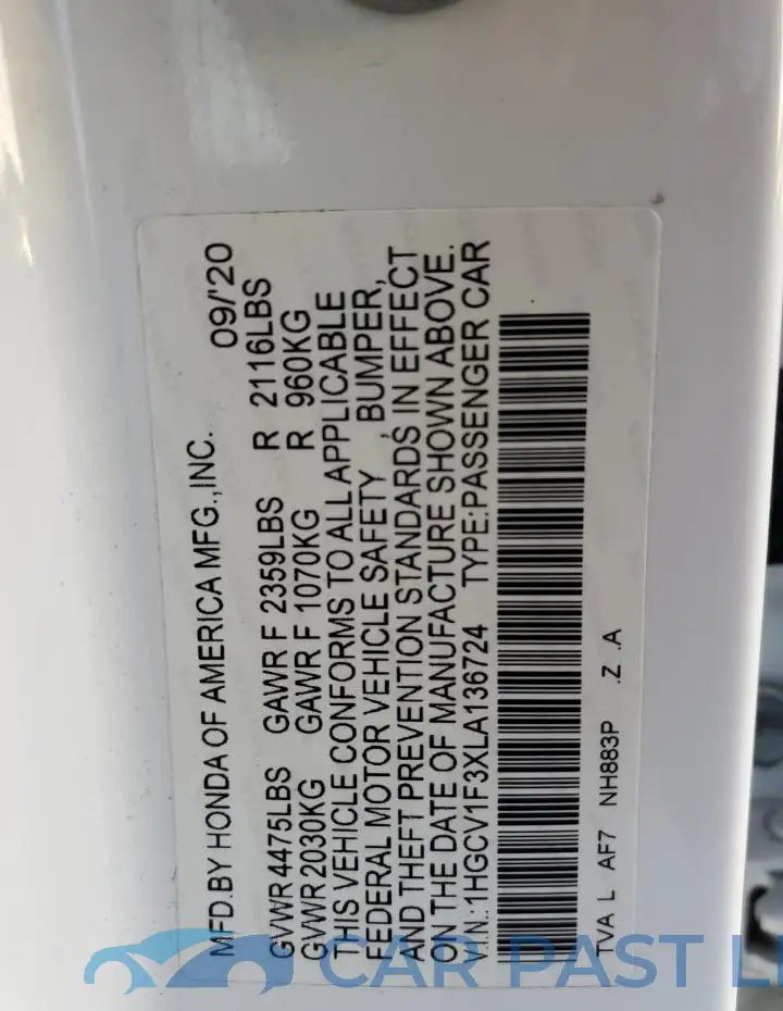 1HGCV1F3XLA136724# 12