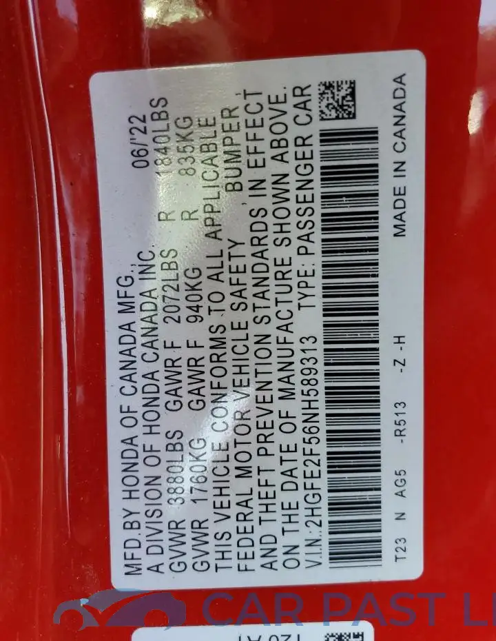 2HGFE2F56NH589313# 12